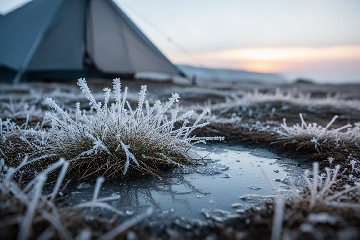 Frost crystals on alpine grass at dawn with a blurred tent fly in the background