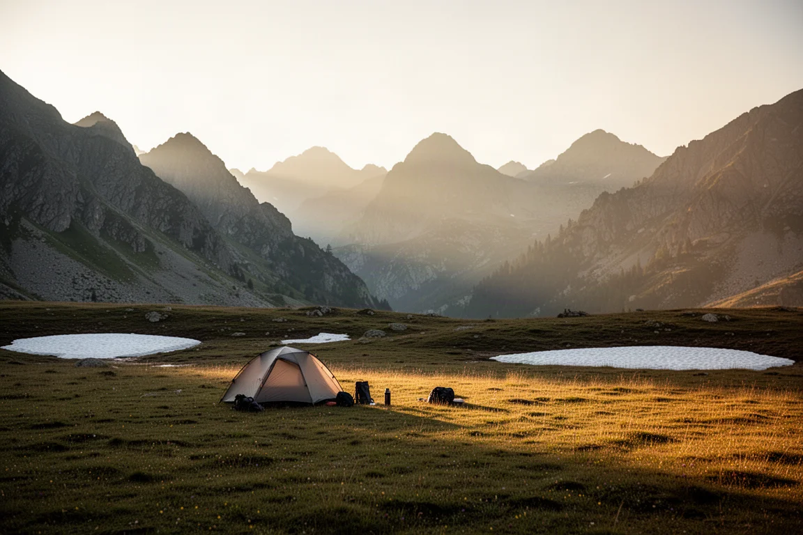 Alpine meadow campsite at sunrise surrounded by mountain ridges in every direction