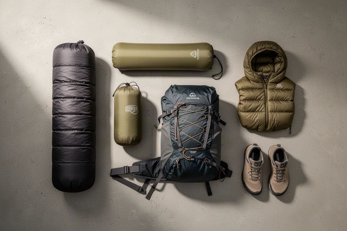 Overhead flat-lay of ultralight backpacking gear arranged on matte concrete