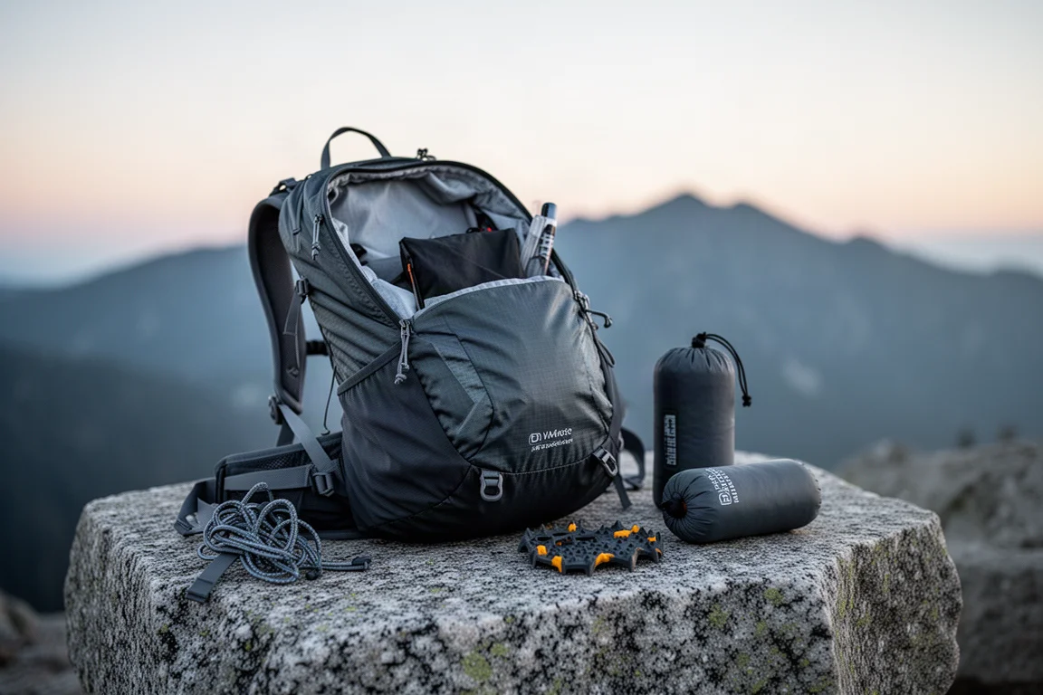 Ultralight backpack and small gear items arranged on a granite slab at dawn