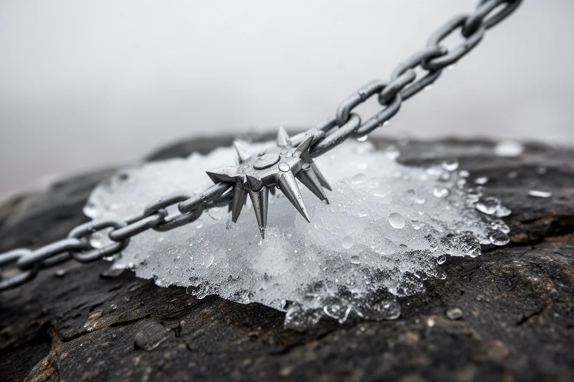Steel microspike chains biting into a patch of ice over dark rock