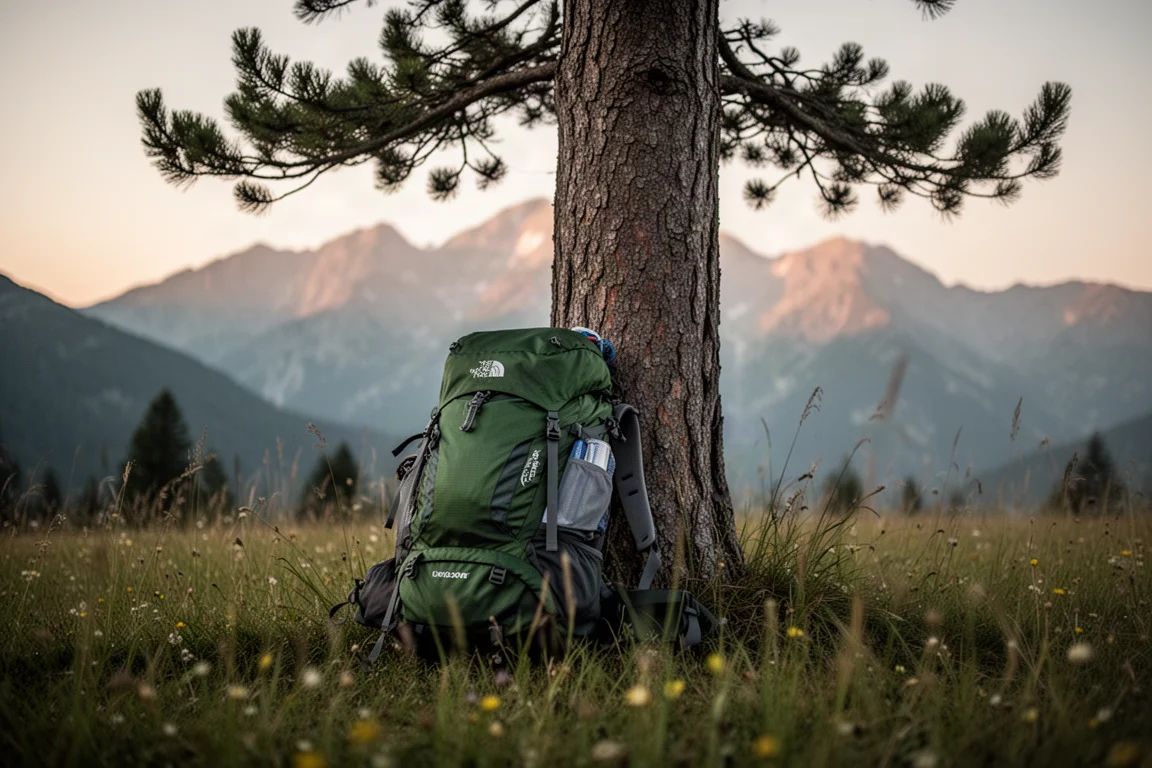 Loaded ultralight backpack leaning against a pine tree at dusk