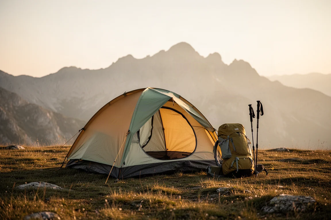 Small backpacking tent on alpine grass at golden hour with gear nearby
