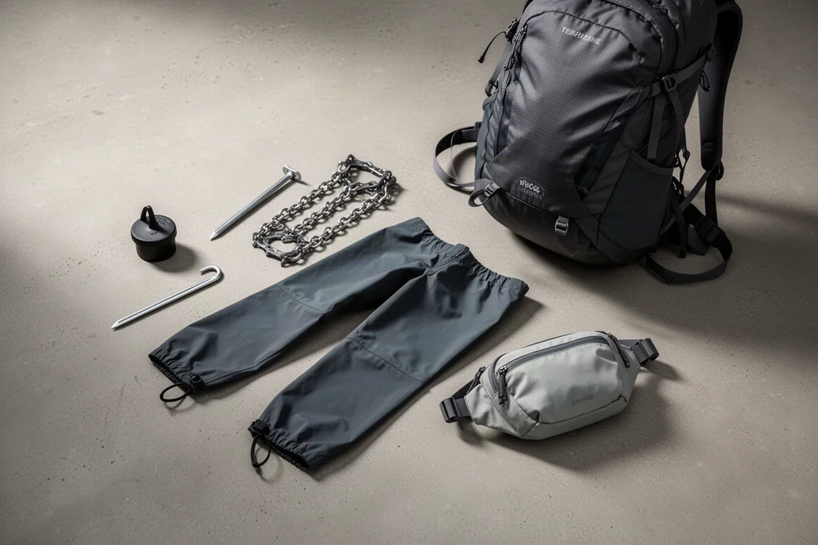Ultralight backpacking gear arranged overhead on a matte concrete surface