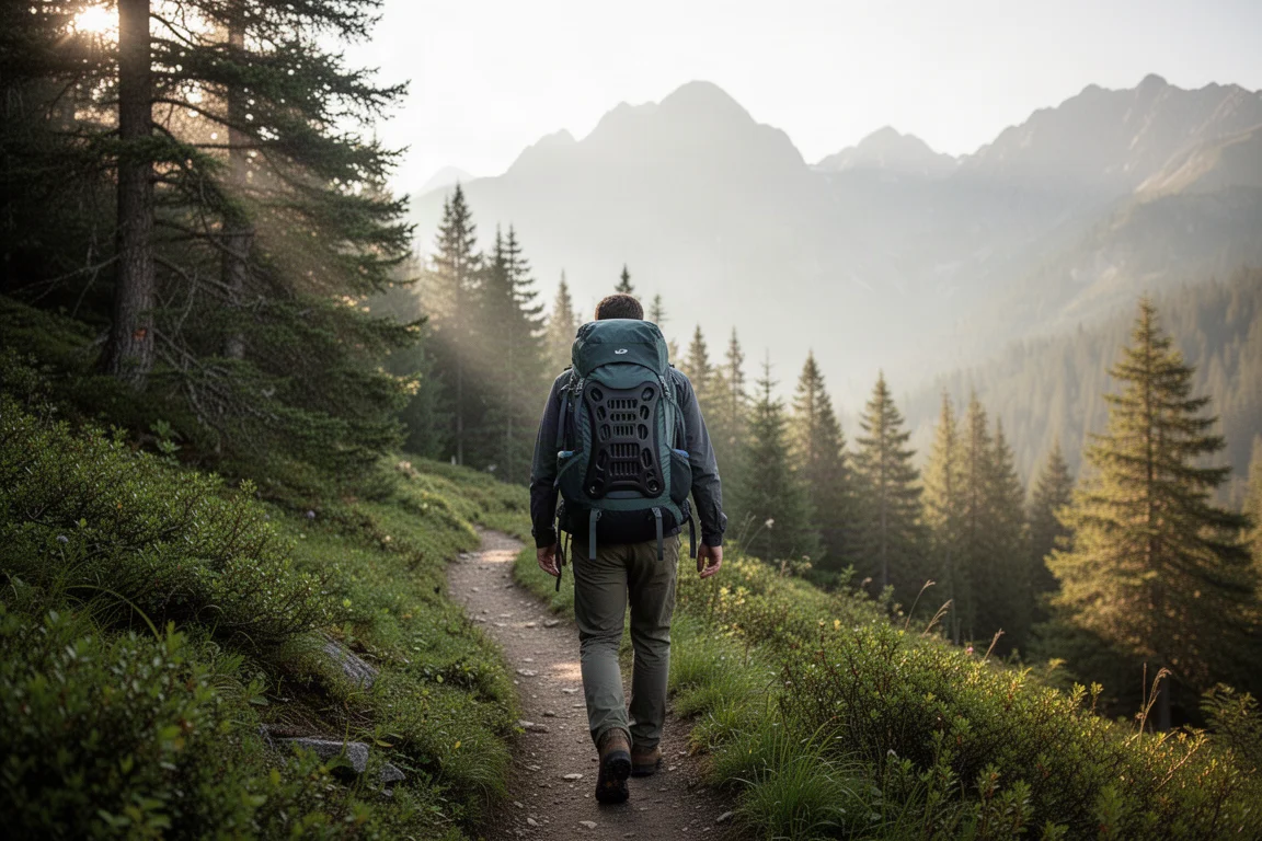 Hiker on a mountain trail with a ventilated backpack in morning light