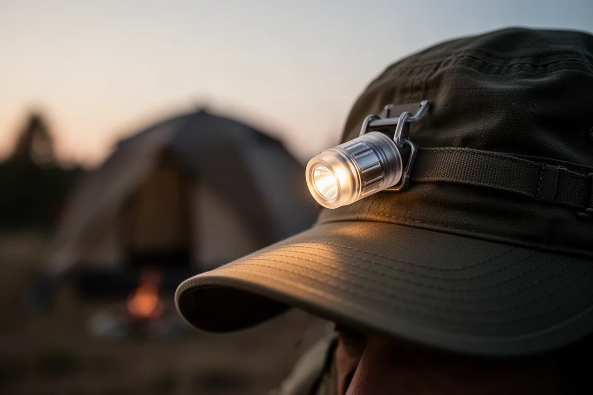 Tiny flashlight clipped to a hat brim at a dusk campsite