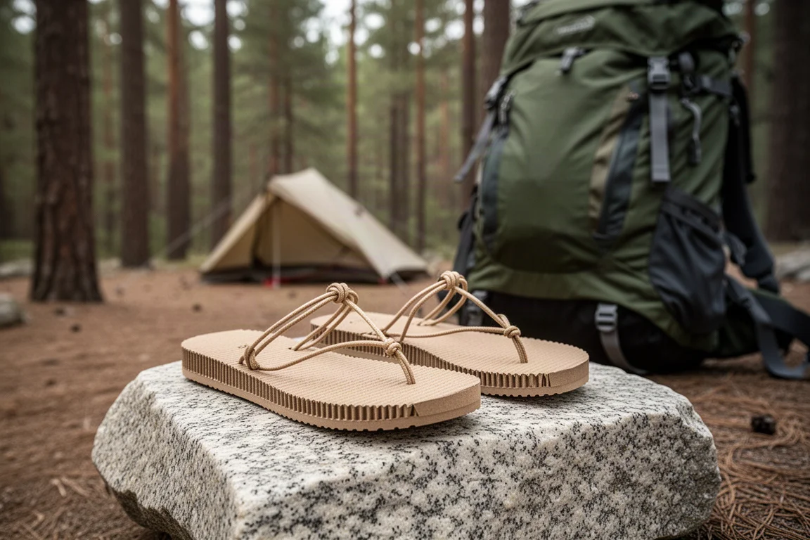 Cardboard sandals on a rock next to a backpack at a campsite