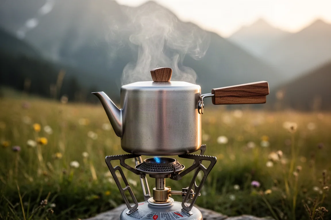 Titanium pot on a camp stove with steam in an alpine meadow
