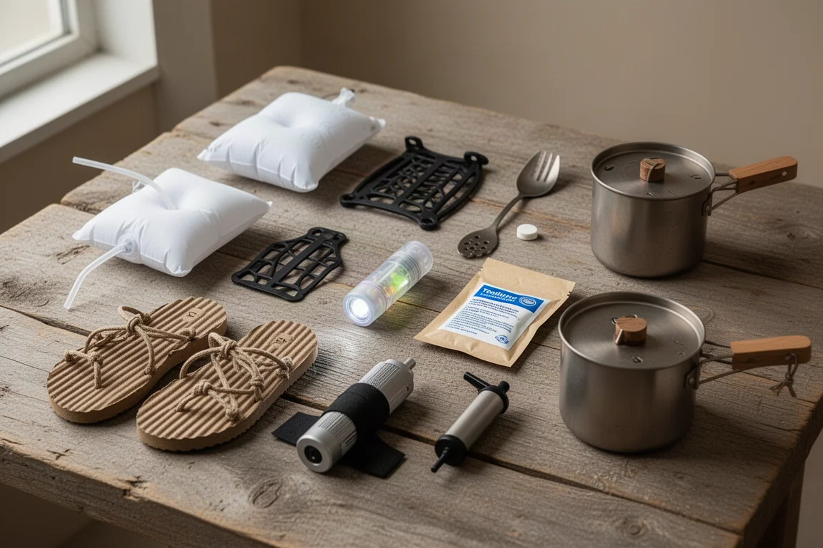 Flat lay of nine ultralight backpacking items on a wooden surface