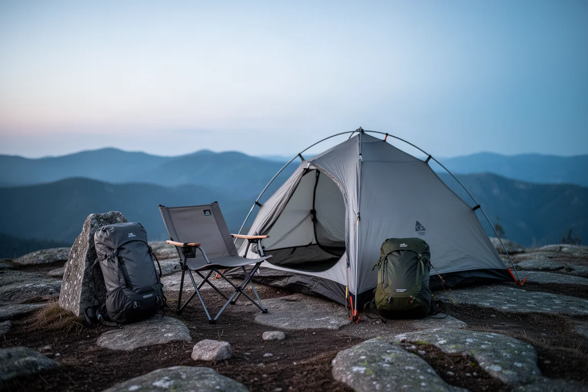 Tältplats i skymningen med en ihopfällbar campingstol och ultralätt ryggsäck bredvid ett uppsatt tält