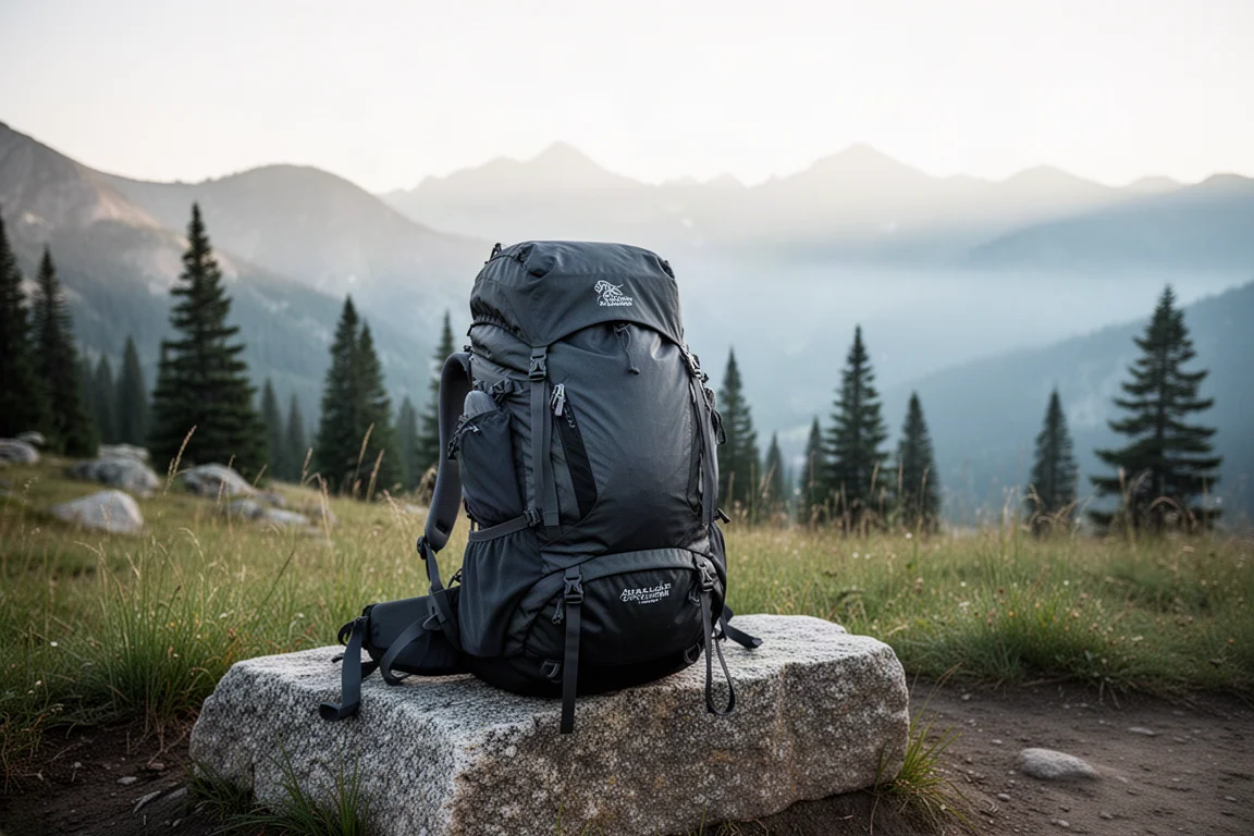 Packad ultralätt ryggsäck vilande på en granitplatta vid en bergsstig