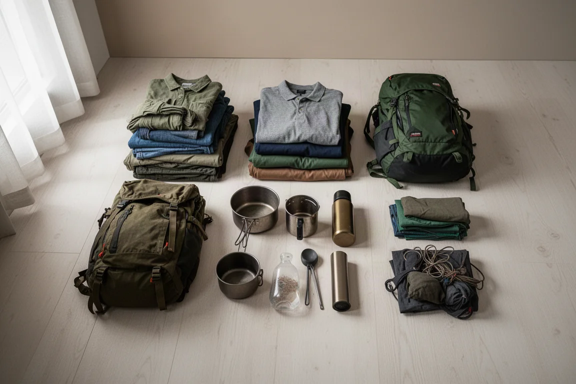Backpackingutrustning sorterad i tre prydliga högar på ett trägolv