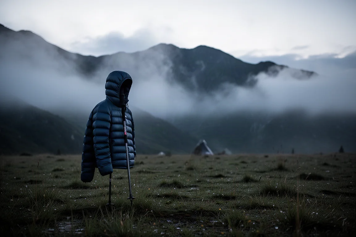 Campamento alpino con niebla al amanecer con una chaqueta de plumón sobre un bastón de trekking