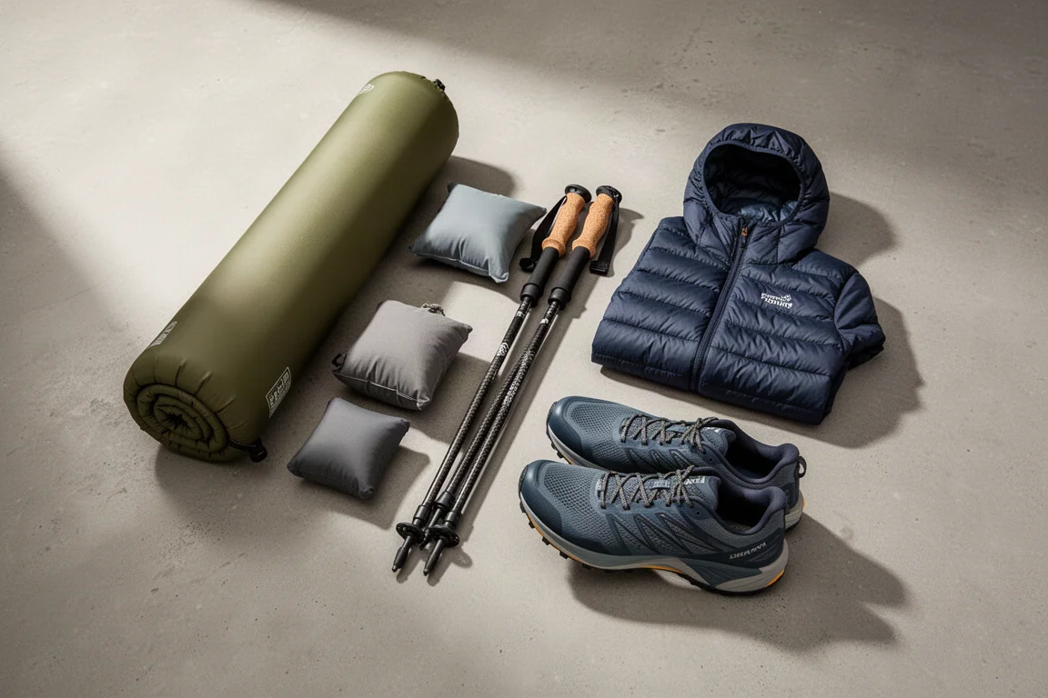 Ultralight backpacking gear arranged on concrete: sleeping pad, pillow, trekking poles, down jacket, trail shoes