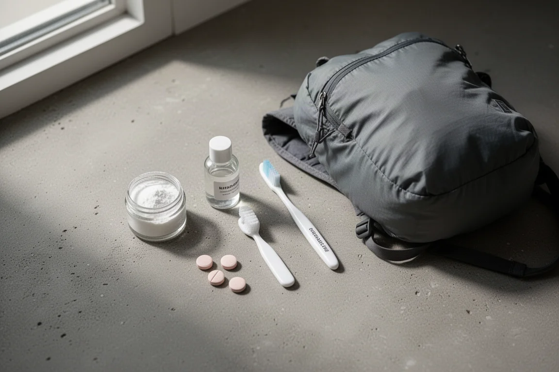 Bovenaanzicht flat-lay van kleine ultralight toiletartikelen op verweerd beton