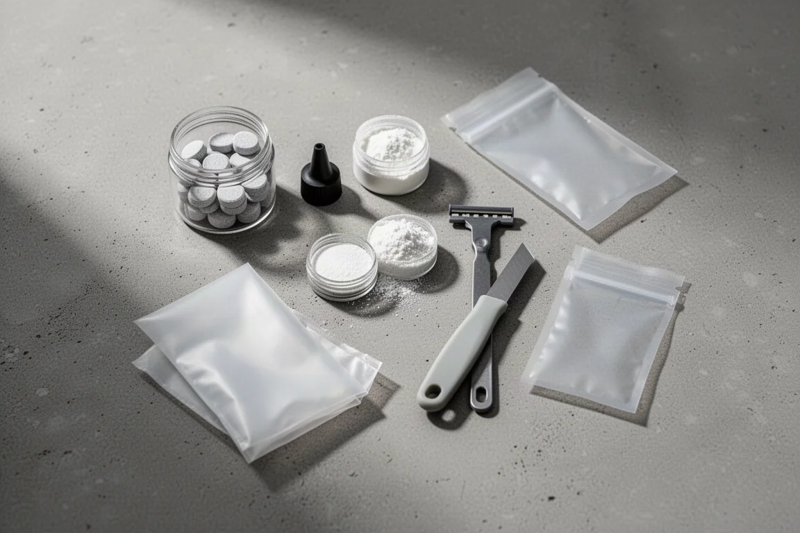 灰色混凝土表面上平放的超輕量登山盥洗用品與工具
