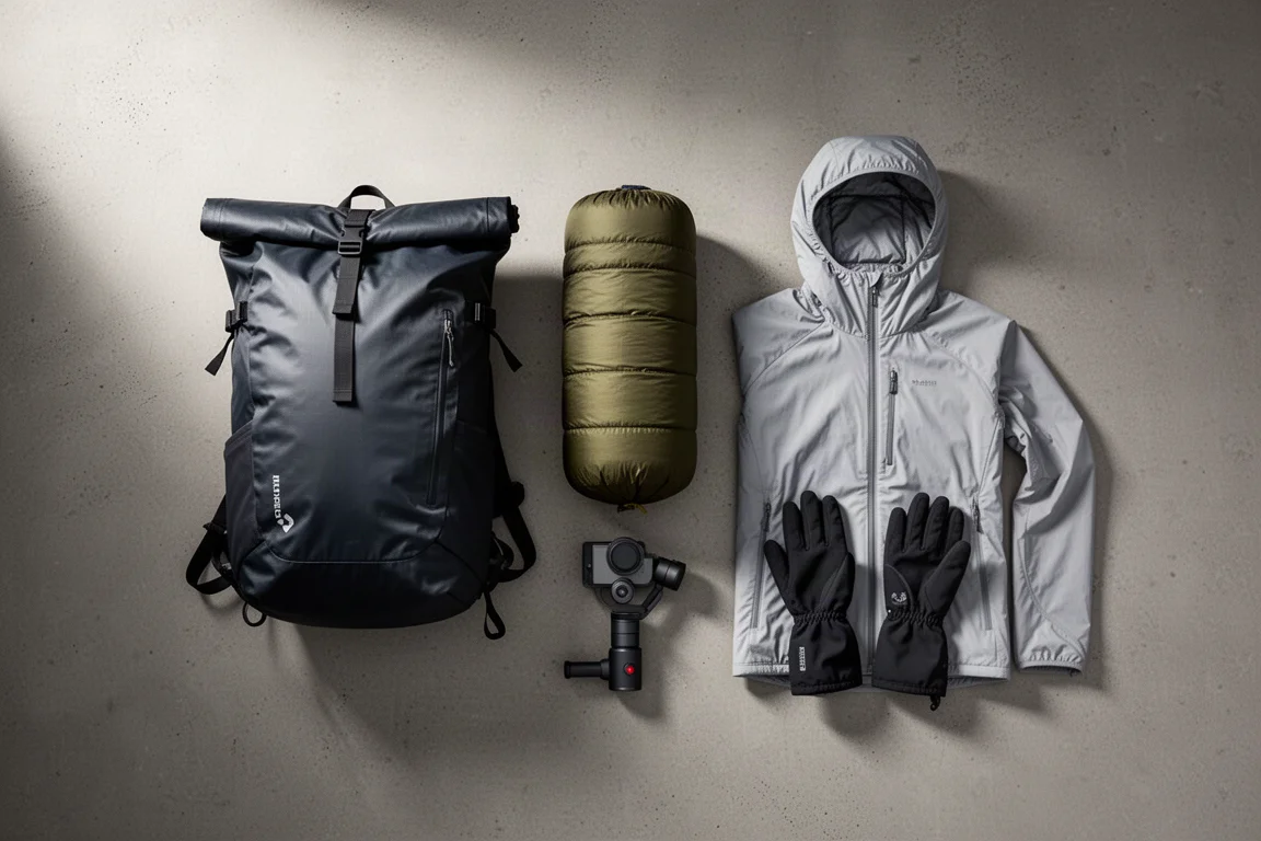 Ultralight backpacking gear arranged on concrete including a pack, quilt, hoodie, gloves, and camera