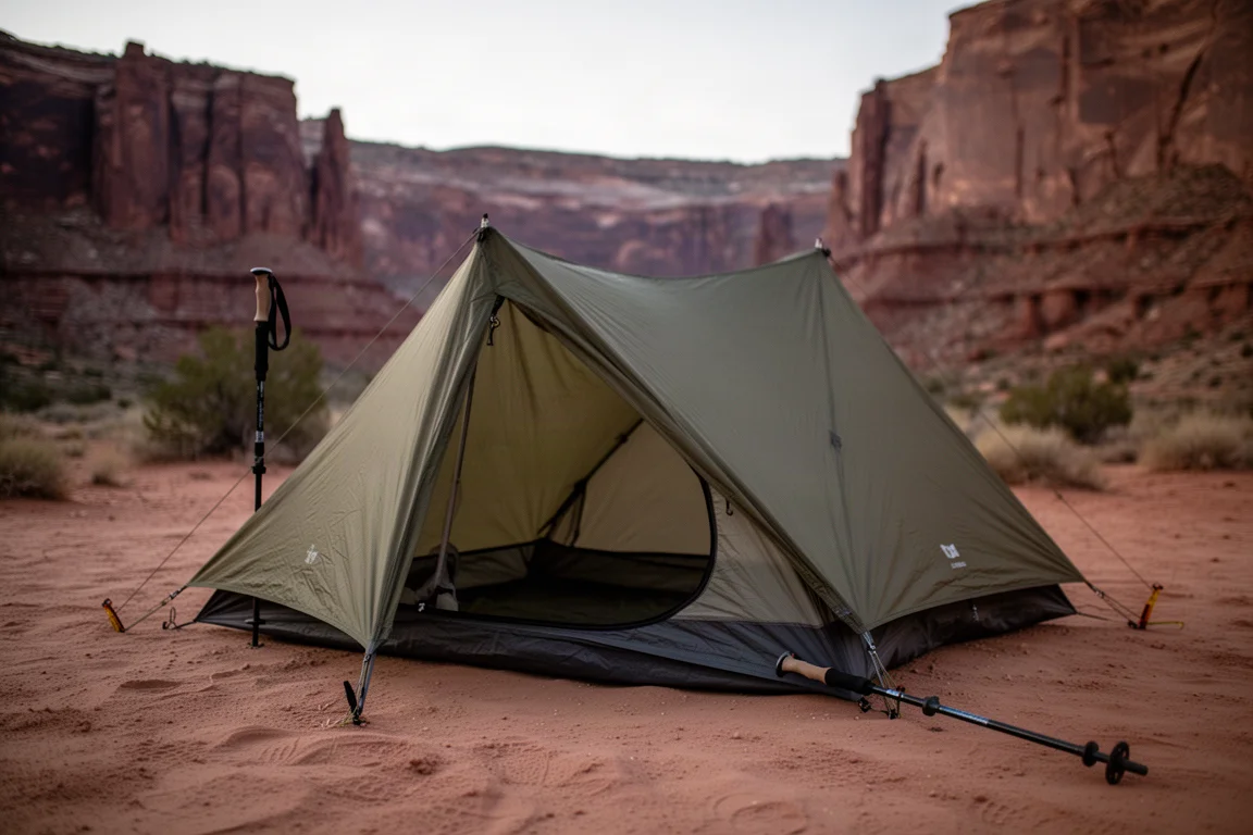 Tenda ultraleggera per una persona montata su un campeggio sabbioso nel canyon