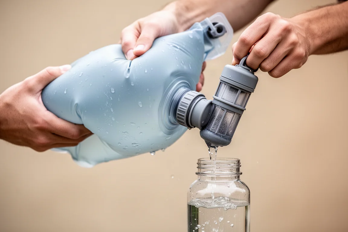 Sacca d'acqua morbida strizzata attraverso un filtro per l'acqua