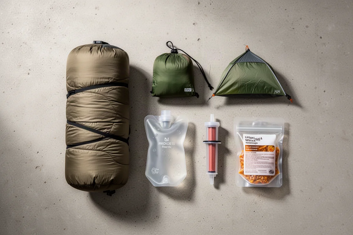 Attrezzatura da backpacking disposta su una superficie di cemento per un viaggio