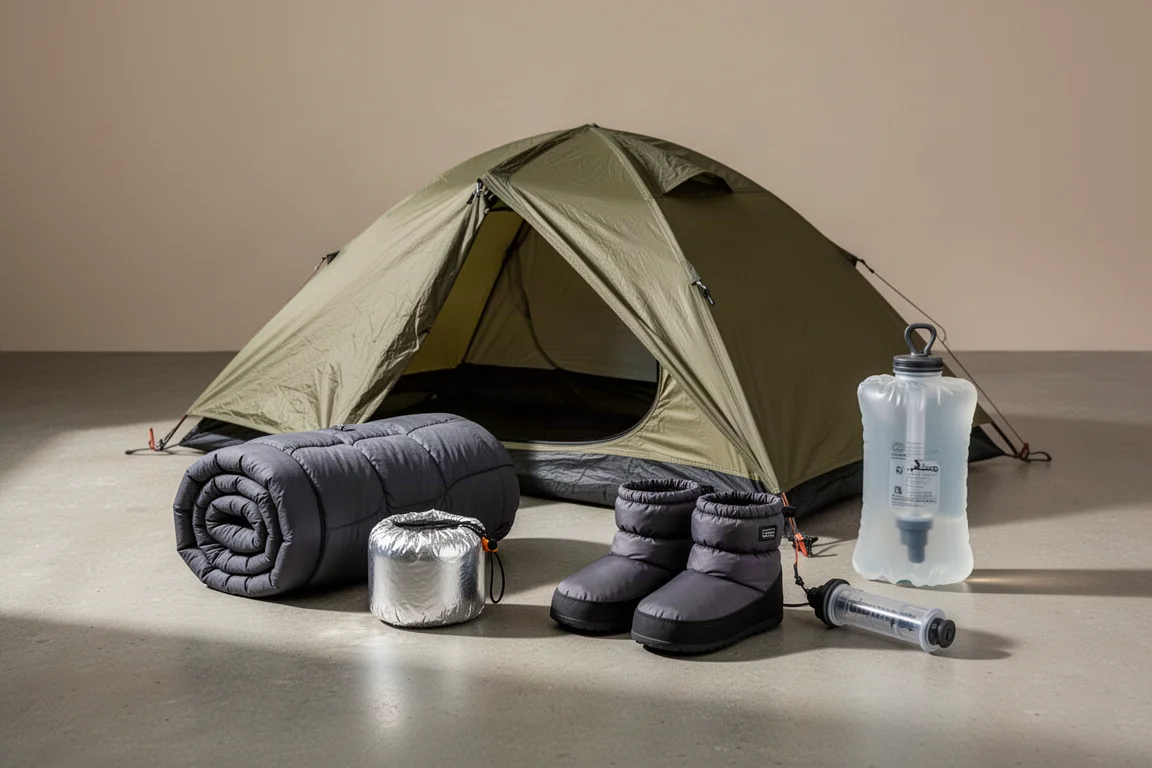 Ultralight backpacking gear arranged on a concrete surface