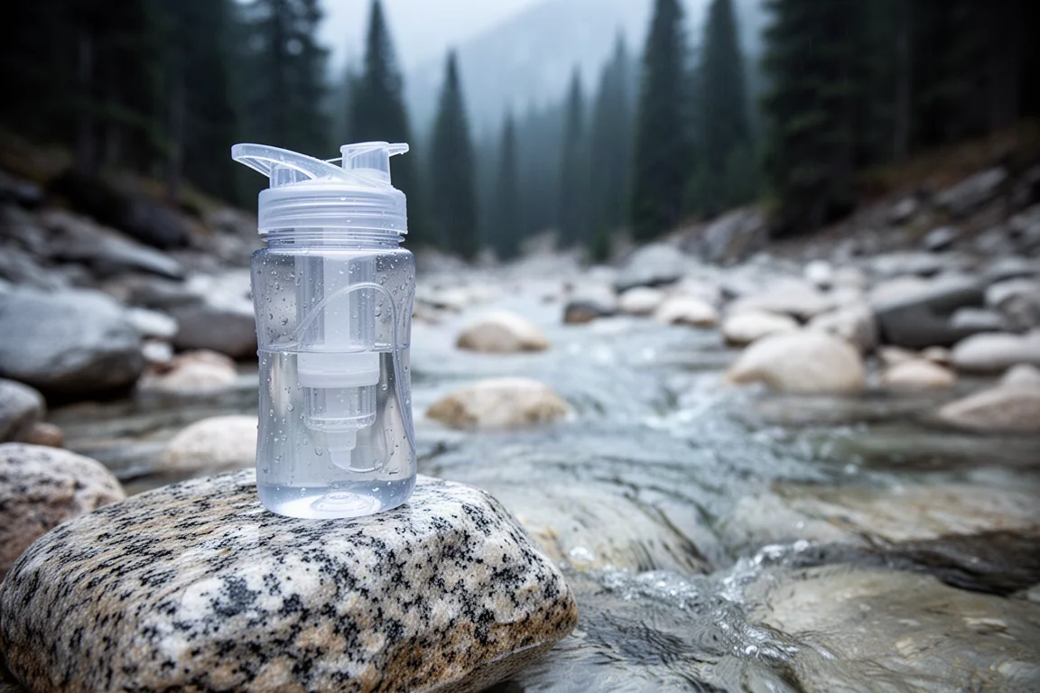 清澈山涧旁湿岩石上的挤压式滤水瓶