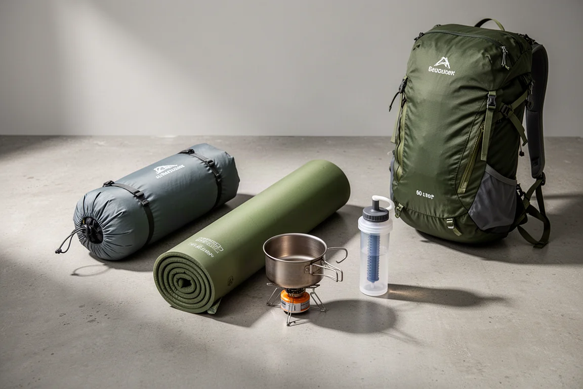 Ultralight backpacking gear arranged on concrete with tent, pad, cook kit and pack
