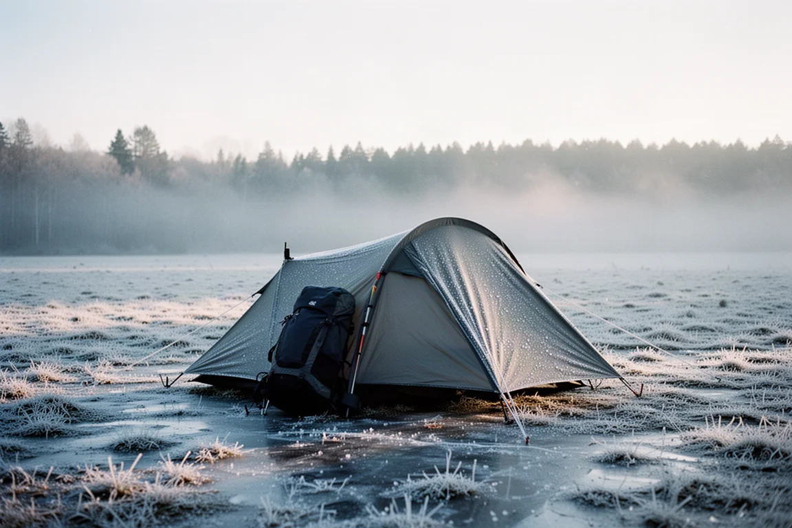 Zelt auf frostigem Boden im Morgengrauen in einem kalten Bergtal aufgeschlagen