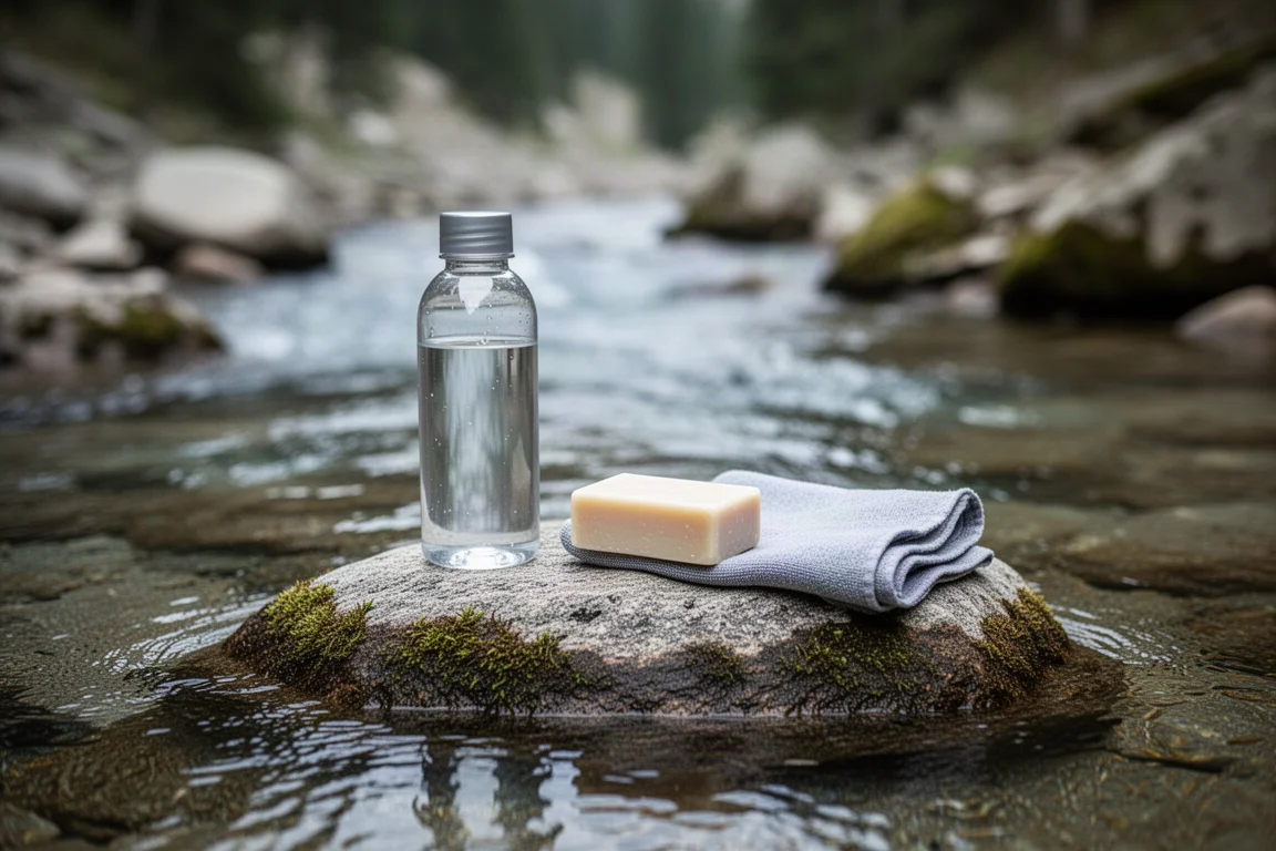 Wasserflasche, Seife und Tuch auf einem Felsen neben einem Gebirgsbach angeordnet