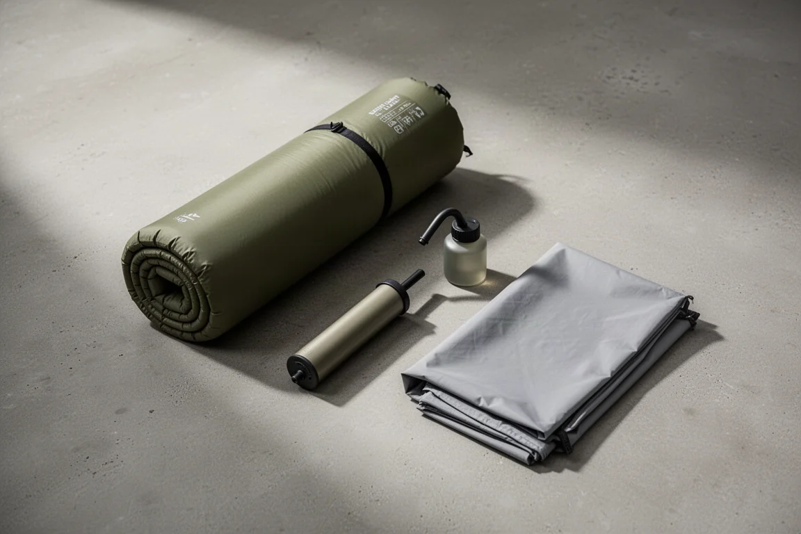 Ultralight backpacking gear arranged on a matte concrete surface in soft light