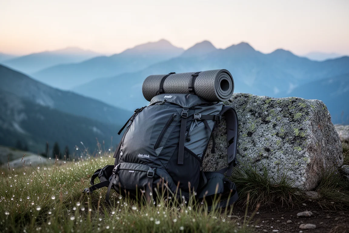 Beladener Ultralight-Rucksack lehnt bei Sonnenaufgang an einem Granitfelsen an einem Bergwanderweg-Einstieg