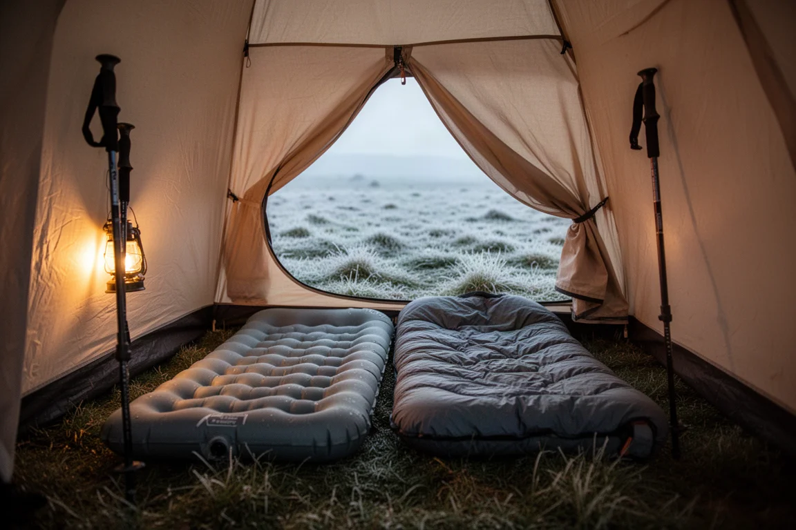 Innenraum eines kleinen Trekkingstock-Zeltes in der Dämmerung mit ausgelegter Isomatte und Quilt