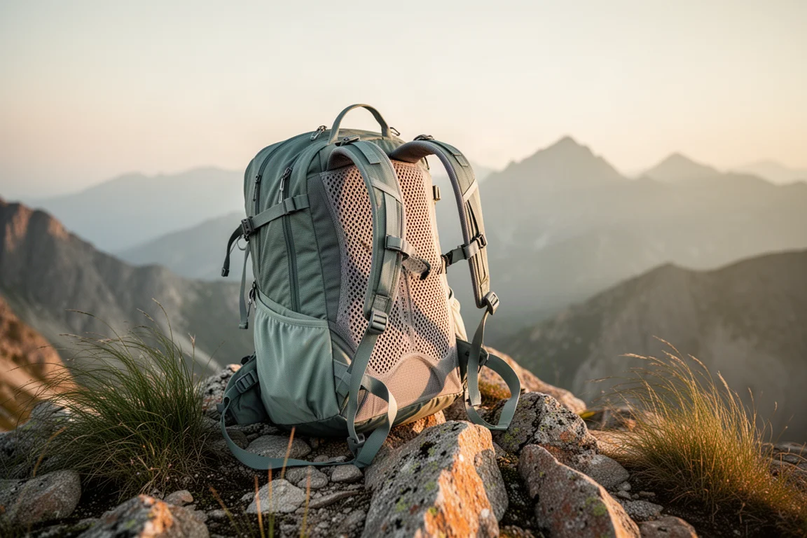 Leichter Wanderrucksack steht auf einem felsigen Gipfelgrat im Licht des späten Nachmittags