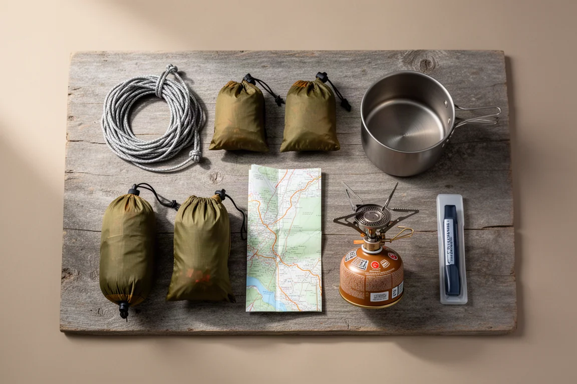 Draufsicht auf Ultralight-Trekking-Essentials auf verwittertem grauem Holz