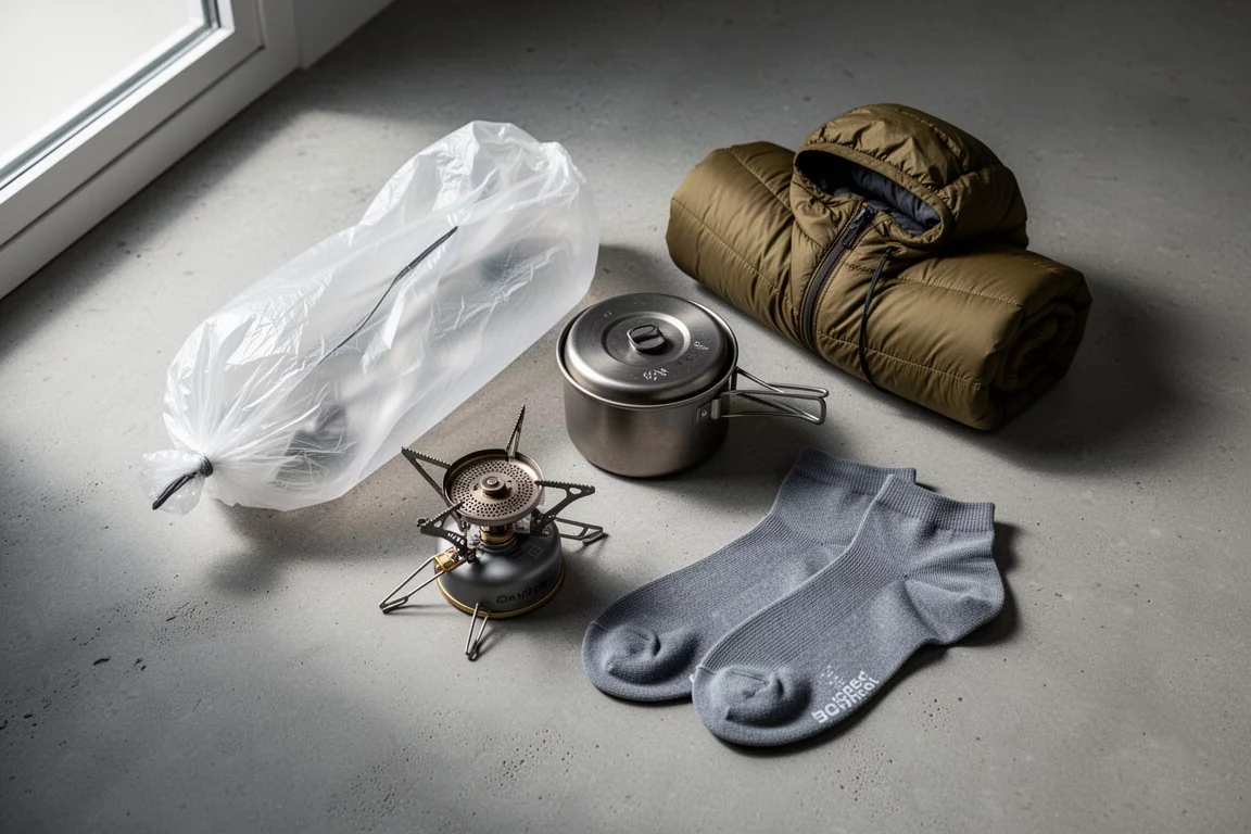 Flat lay of ultralight backpacking gear including a pack liner, titanium pot, stove, down jacket and toe socks