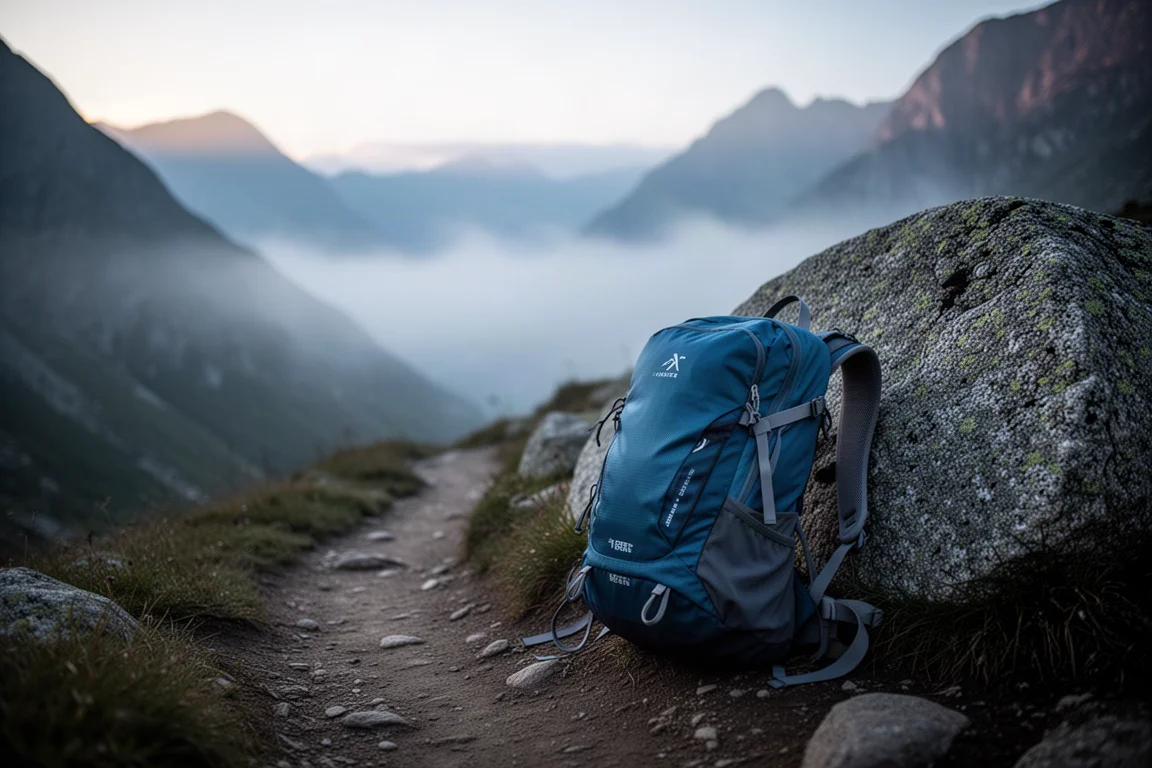Mochila de senderismo ligera apoyada en una roca de granito junto a un sendero de montaña