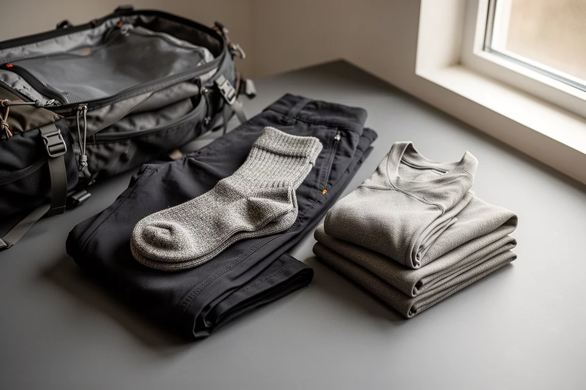 Pantalones de senderismo plegados, calcetines enrollados y una capa base apilados junto a una mochila abierta