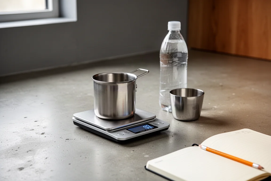 Báscula digital en un suelo de hormigón con una olla de titanio y una botella de agua