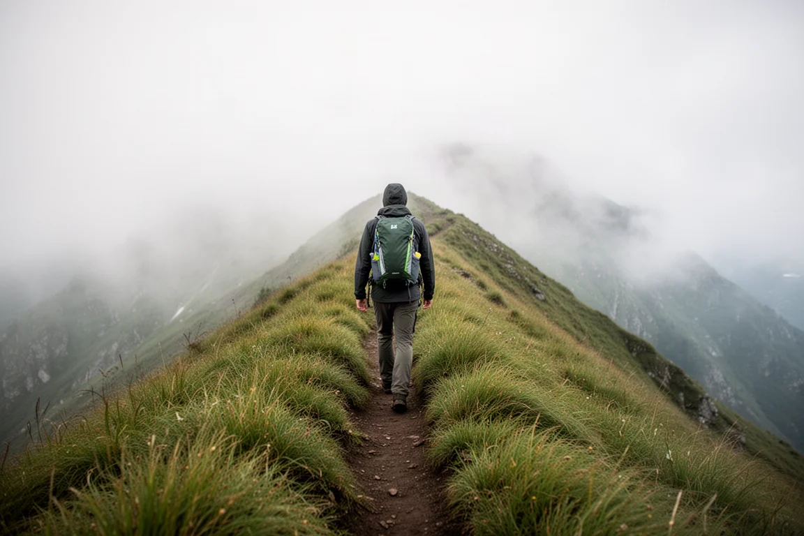登山者背著輕量背包走在狹窄稜線步道上，由後方拍攝