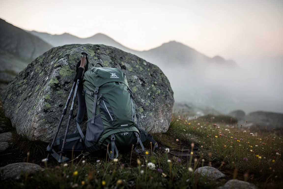 Lightweight backpack and trekking pole resting against a granite boulder in alpine terrain at sunrise