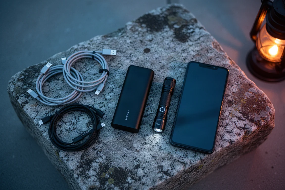 Overhead flat-lay of charging cables, a slim power bank, a flashlight, and a phone on granite at dusk