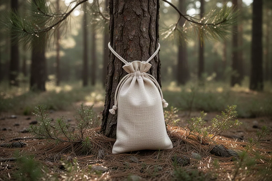 Soft woven food bag tied with cord to a pine trunk in a forest clearing