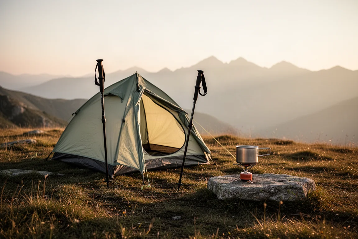Trekking-pole tent pitched on a grassy ridge at golden hour with a cook pot nearby