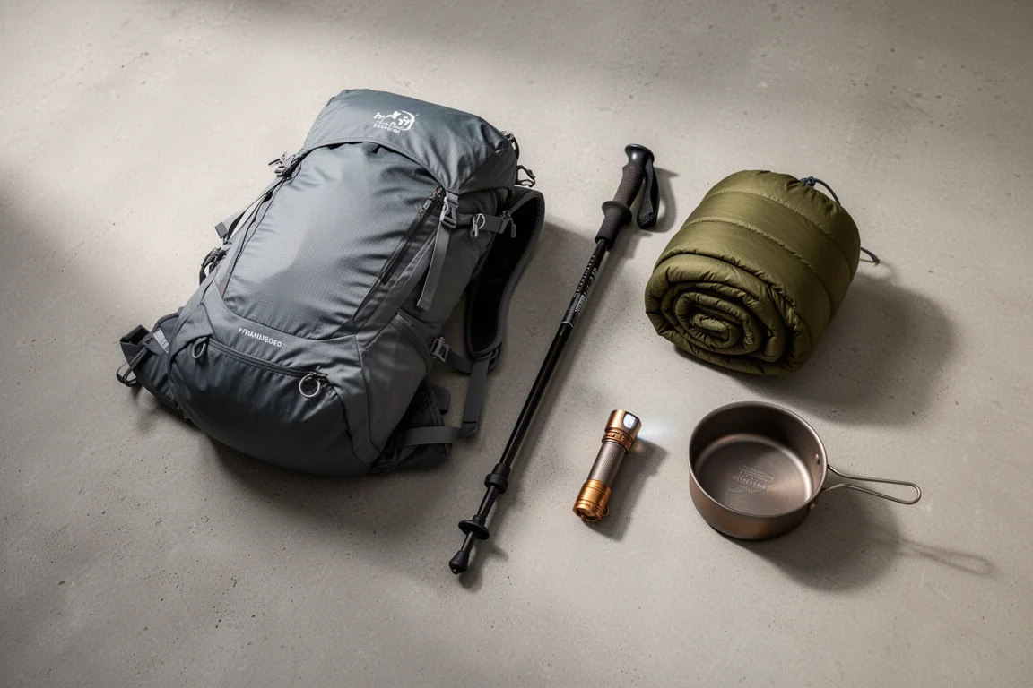 Płaskie ułożenie ultralekkiego sprzętu backpackingowego z plecakiem, kijem trekkingowym, kołdrą, latarką i garnkiem