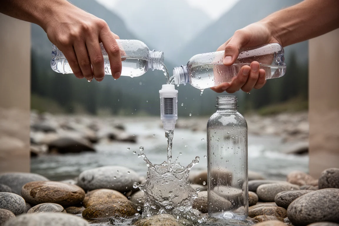 Händer som pressar vatten genom ett inline-filter ner i en flaska vid en bergsbäck