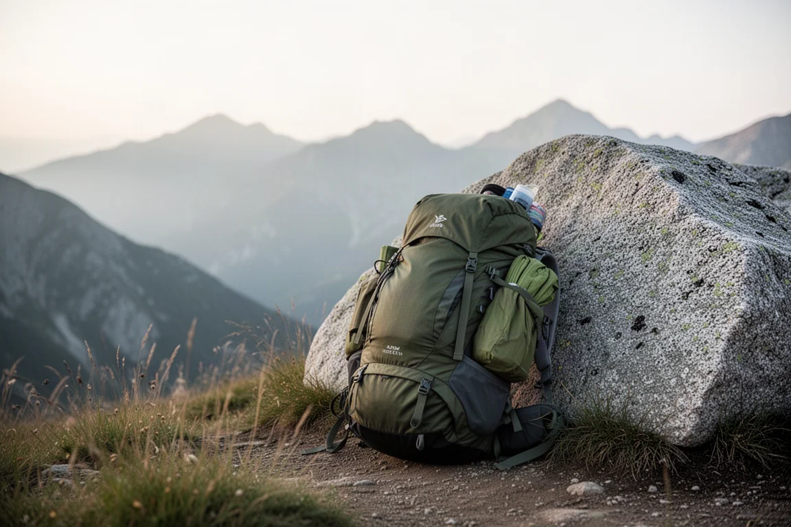 Mochila ultraligera cargada apoyada contra un peñasco de granito en un sendero de montaña