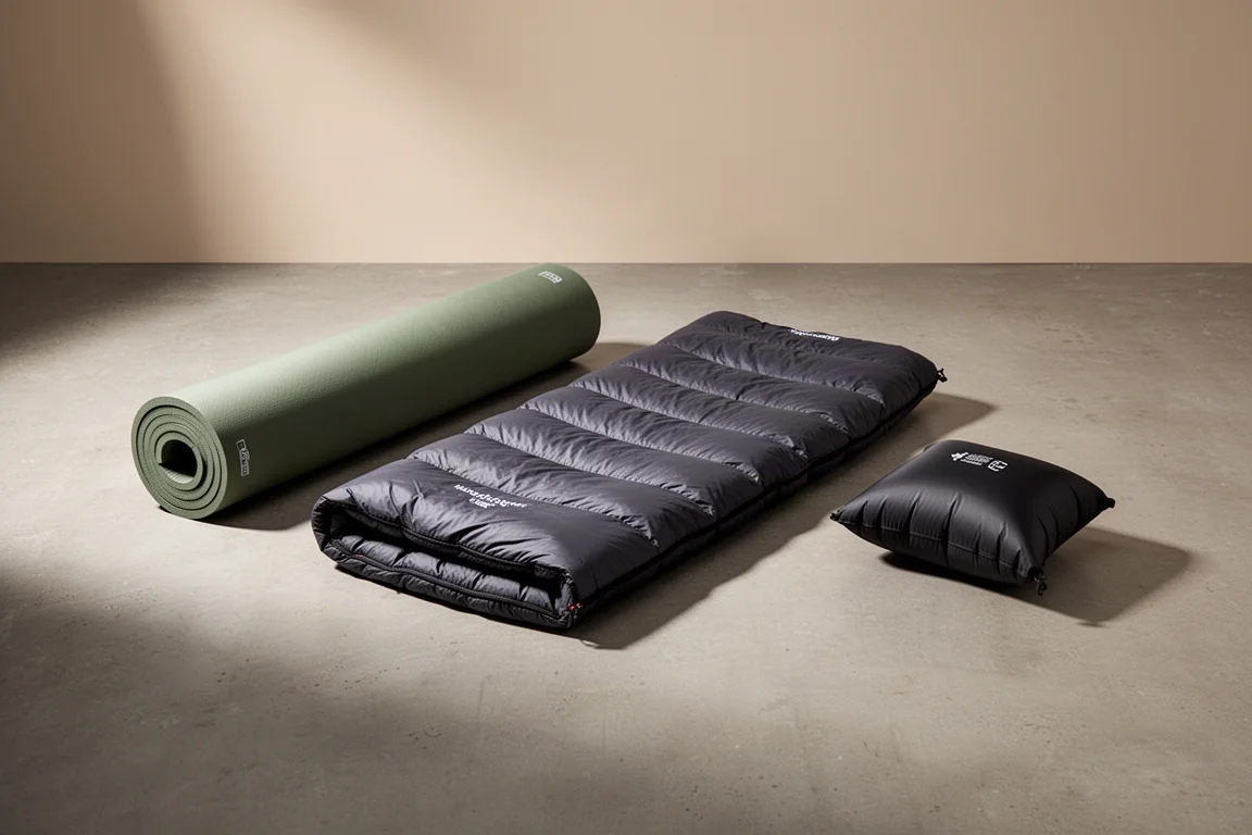 Ultralight sleeping pad, quilt and pillow arranged on a concrete surface