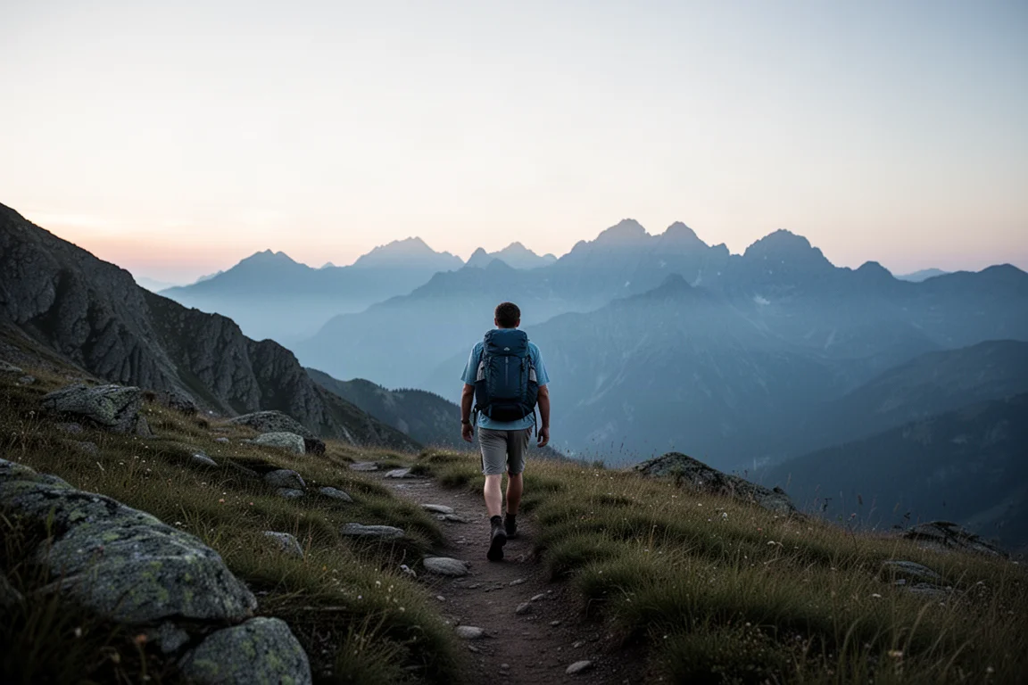Escursionista che percorre un sentiero di cresta alpina all'alba con cime stratificate sullo sfondo