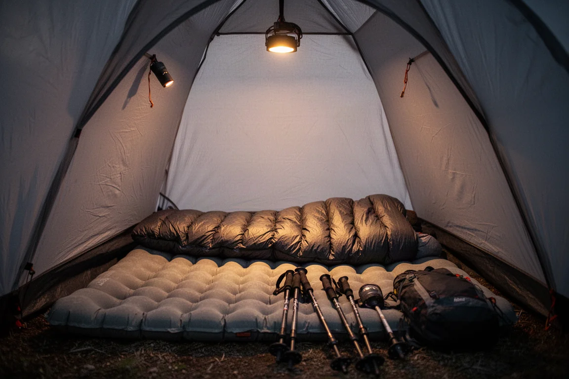 Interno di una piccola tenda con bastoncini da trekking, un materassino gonfiabile e una quilt stesi