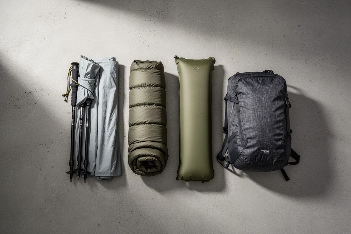 Ultralight shelter, quilt, sleeping pad and hiking pack arranged in an overhead flat-lay
